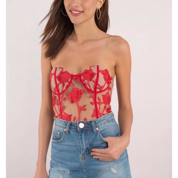 Tops - ARIA RED & NUDE EMBROIDERED BODYSUIT